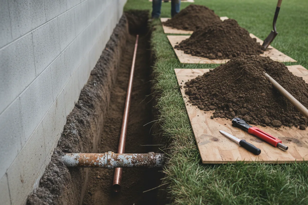 Excavated water line trench during Water Heater Repair in Corinth